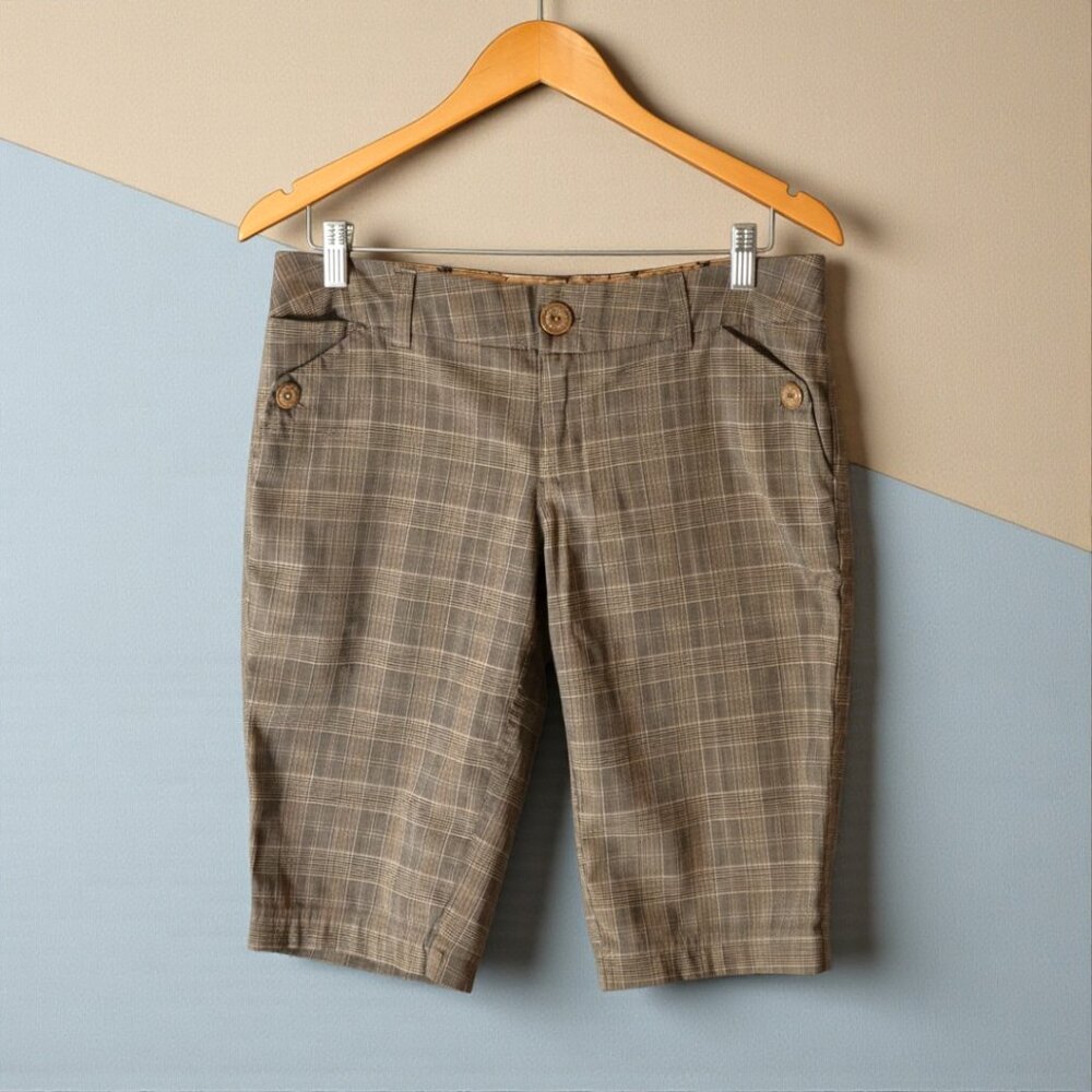 Element Plaid Walking Shorts Women’s Size 5 Brown Tan Bermuda Mid Rise - Picture 2 of 10
